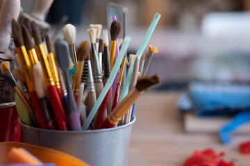 Paint brushes close up. Tools for art lesson at school.