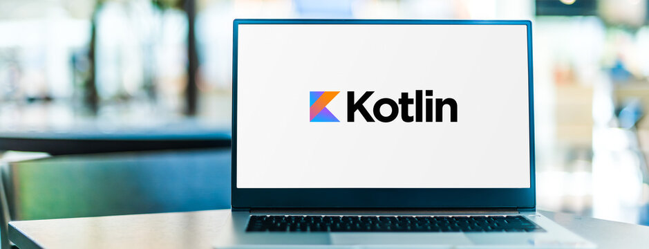 Laptop computer displaying logo of Kotlin
