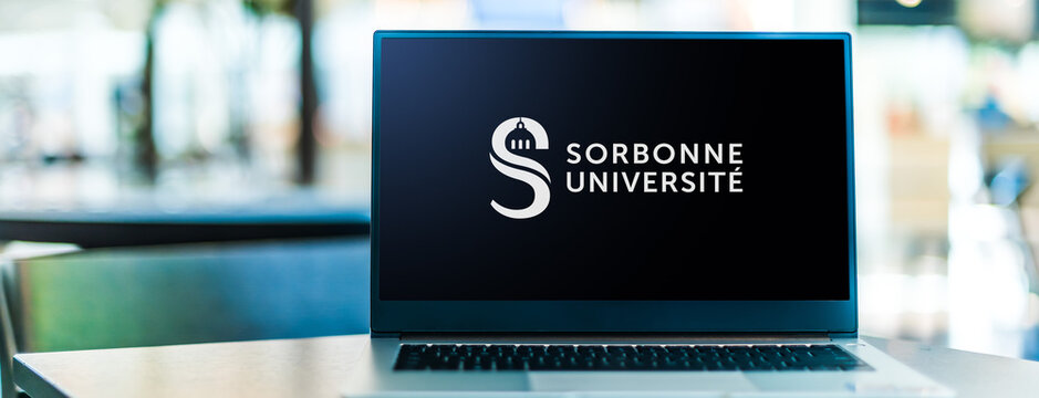 Laptop computer displaying logo of Sorbonne University
