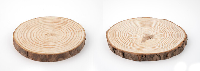 Wood slice with Annual Ring Pattern on a white background, circle, round.