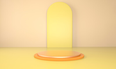 3d rendering studio with geometric shapes, podium on the floor. Platforms for product presentation, mock up background.