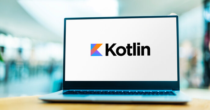 Laptop computer displaying logo of Kotlin