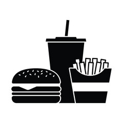 Hamburger soda takeaway and french fries, Fast food icon sign, Silhouette flat design on white background, Vector illustration