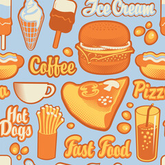 Vector seamless pattern on theme of fast food with drawings and inscriptions on blue backdrop in a flat style. Decorative background with pizza, burger, french fries, hot dog, ice cream, cola, coffee