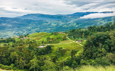 Vista completa de montañas verdes y caminos de tierra