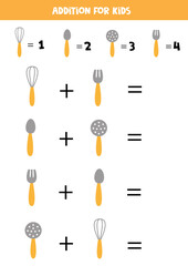 Addition for kids with cartoon kitchen cutlery.
