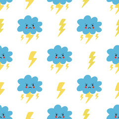 Seamless pattern with cute cartoon storm clouds and lightnings.