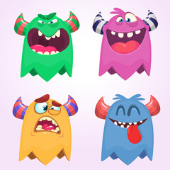  Set of cartoon vector monsters with different emotions.  Flying ghost illustration. Halloween design