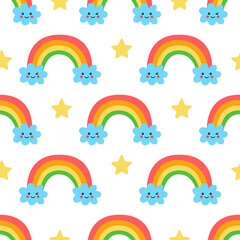 Seamless pattern with cute cartoon rainbows and clouds.
