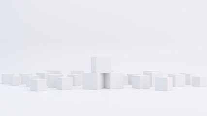 The boxes are stacked on a white background. The cubes are placed on the floor.3d illustration