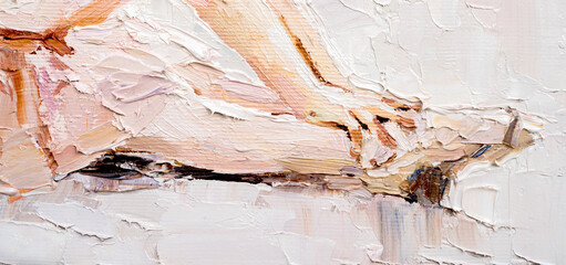 Little pretty girl in the white dress on the abstract background. Palette knife technique of oil painting and brush. © Mariia