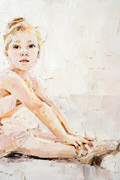 Little pretty ballerina in the pink dress on the white abstract background. Palette knife technique of oil painting and brush.