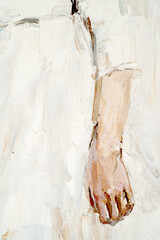 Pale hand  on a grey background. A young girl in white dress. Created in the classic style, fragment of the oil painting on canvas.