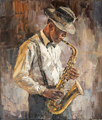 Stylish jazz band playing music on the scene, background is brown. Palette knife technique of oil painting and brush. .The jazzman plays the sexophone. - obrazy, fototapety, plakaty
