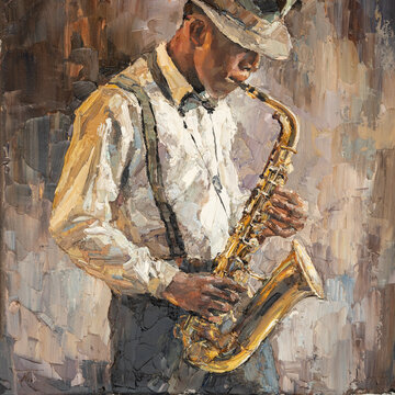 Stylish jazz band playing music on the scene, background is brown. Palette knife technique of oil painting and brush. .The jazzman plays the sexophone.