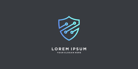 Shield logo design technology with linear style and creative concept