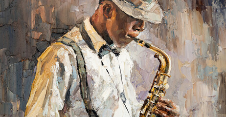 Stylish jazz band playing music on the scene, background is brown. Close-up fragment of  oil painting and brush. .The jazzman plays the saxophone. - obrazy, fototapety, plakaty
