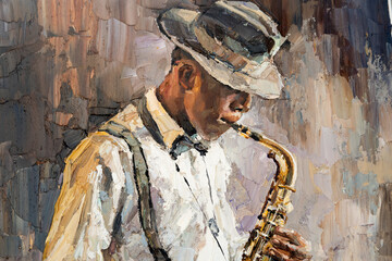Stylish jazz band playing music on the scene, background is brown. Close-up fragment of  oil painting and brush. .The jazzman plays the sexophone.