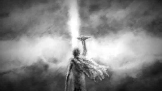 Dark monk raises a ritual dagger above his head. Worship of ancient gods. Ray of light over sacred mountain. 2D animation horror fantasy genre. Apocalyptic doomsday theme. Gloomy animated short film.