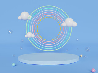 Stand and display colorful pastel clouds and rainbow  in the baby room interior. 3D rendering. A scene for advertising, Minimalist mockup for podium display or showcase.