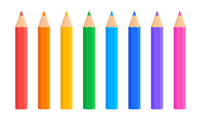 Set of flat colored pencils. Cartoon wooden color crayons. Colorful pencils for drawing. Office stationery tools. Vector illustration.