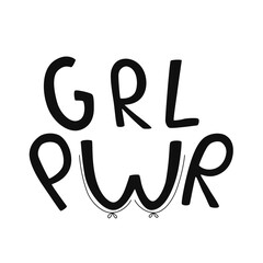 Feminist and GRL PWR vector sticker. Handwritten phrase with ribbon on women body, hand, leg. Lettering quotes, type, font isolated on white background for poster, banner. EPS 10