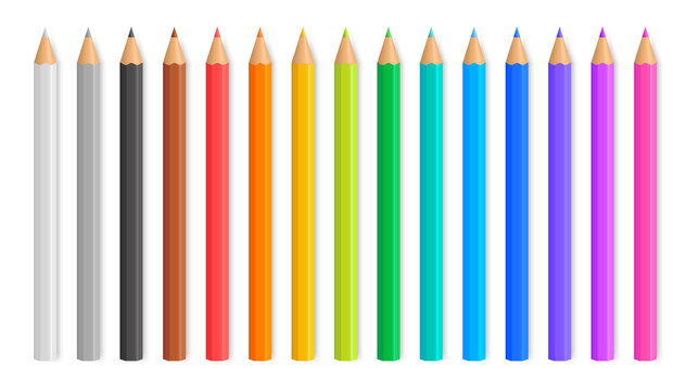 Set of realistic colored pencils. Wooden color crayons. Colorful pencils for drawing. Office stationery tools. Vector illustration.
