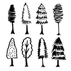 doodle park forest conifer abstract silhouettes outlined trees in black color collection set