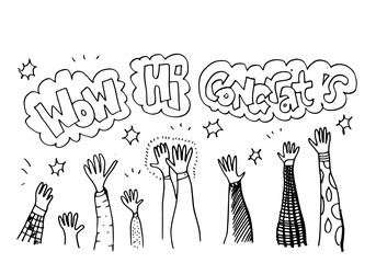Applause hand draw on white background with congratulation,hi,wow text.vector illustration.