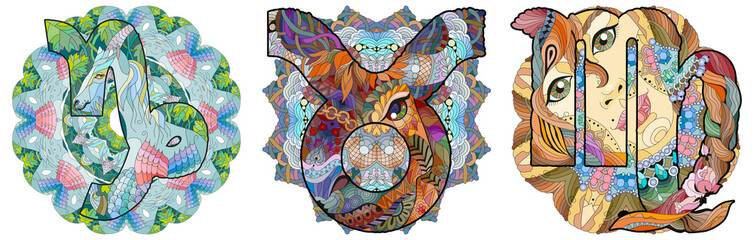 The element of Earth is the zodiac sign Capricorn, Virgo and Taurus with mandalas.