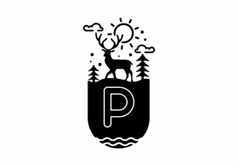 Black line art illustration of deer badge with P initial name in the middle