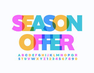Vector promo poster Season Offer. Colorful creative Font. Artistic Alphabet Letters and Numbers set