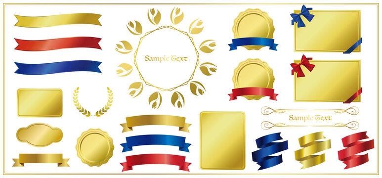 飾り罫_ゴールド_枠_タグ_リボン_フレーム_金_赤_青_罫_デコレーション_ラッピング_シール gold label tag red blue ribbon gift seal emblem ruled line