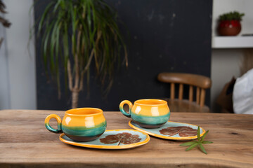 turkish coffee cups on wooden table