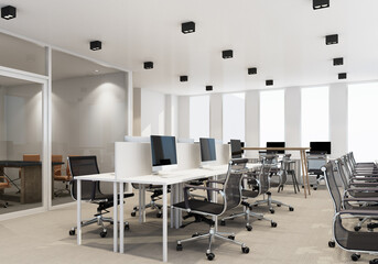 Working area in modern office with carpet floor and meeting room. interior 3d rendering