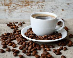 Coffee cup and a scattering of coffee beans