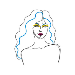 Surreal continuous one line of beautiful woman in silhouette. Minimal style. Perfect for cards, party invitations, posters, stickers, clothing. Black abstract icon.