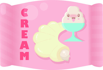 Pink pack or wrap for a croissant with cream filling. Cute smiling chocolate. Vector illustration.