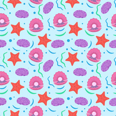 Seamless background. Marine life. Vector illustration. A pearl in a shell. Sink.