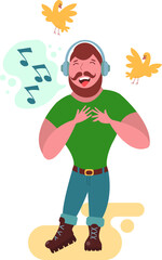 The dark-haired man with a beard and mustache in wireless headphones listening to music, dancing and poetgromko. Vector stock illustration.