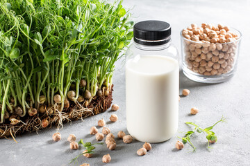 Chickpea vegetarian milk in bottle, raw chickpeas in glass on light background. Non-dairy lactose free milk.