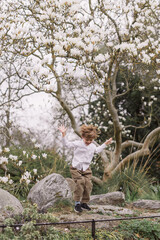 Fototapeta premium Little blond boy in a white shirt and corduroy pants. Bouncing. In the open air. Park. Magnolia flowering.