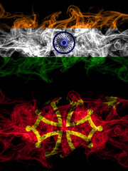 India, Indian vs Occitania smoky mystic flags placed side by side. Thick colored silky abstract smoke flags.