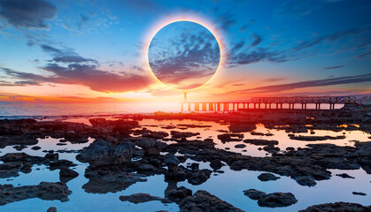 A man is carrying the moon with his hands - Long exposure photo - Beautiful landscape with wooden...