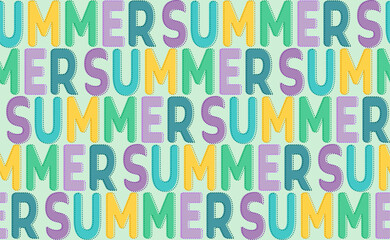 Trendy seamless pattern with text. Repeat of word Summer with bright colorful letters on light blue backdrop. Cute funny seasonal sea background vector illustration texture.