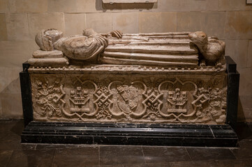 Old hand carved stone tomb in a museum, Don Pedro