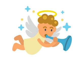 Angel with pipe. Funny cupid character playing love music.