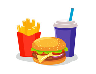 Fast food cheese burger with grilled meat, french fries and drink cup. 