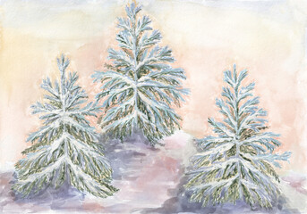 Watercolor illustration of three winter fir trees in the snow at sunset