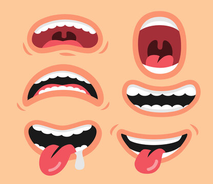 Cartoon mouth expressions facial gestures. Smile with teeth, tongue sticking out. Funny set